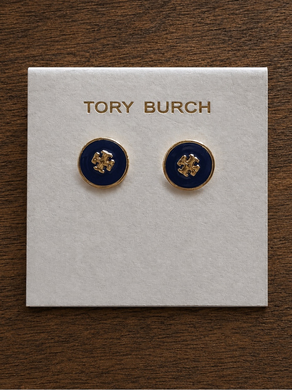 Tory Burch Gold-Tone Navy Round Logo Stud Earrings
